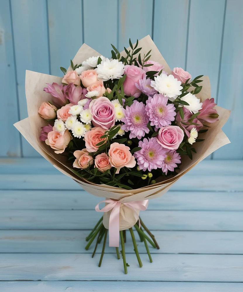 Букет цветов из: Хризантемы, Розы и Альстромерии в Бачи-Юрте