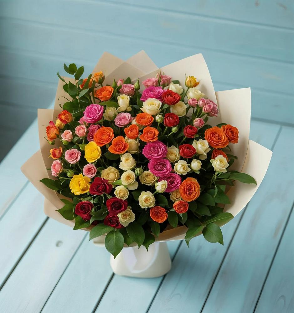 Букет Микс из разноцветных кустовых роз в Бачи-Юрте