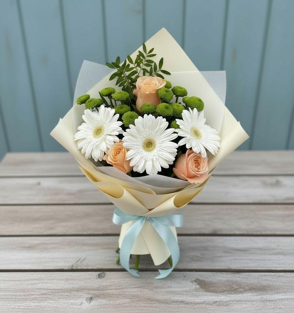 Букет цветов из: Герберы, Розы и Хризантемы в Бачи-Юрте