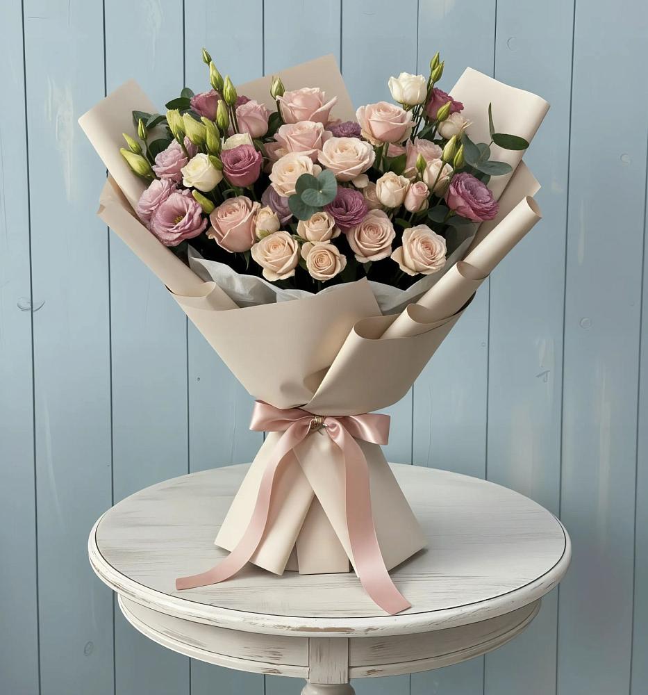 Букет цветов из: Розы и Лизиантусы в Бачи-Юрте