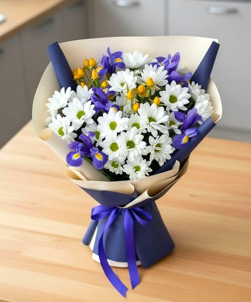 Букет цветов из: Розы, Ирисы и Хризантемы в Бачи-Юрте
